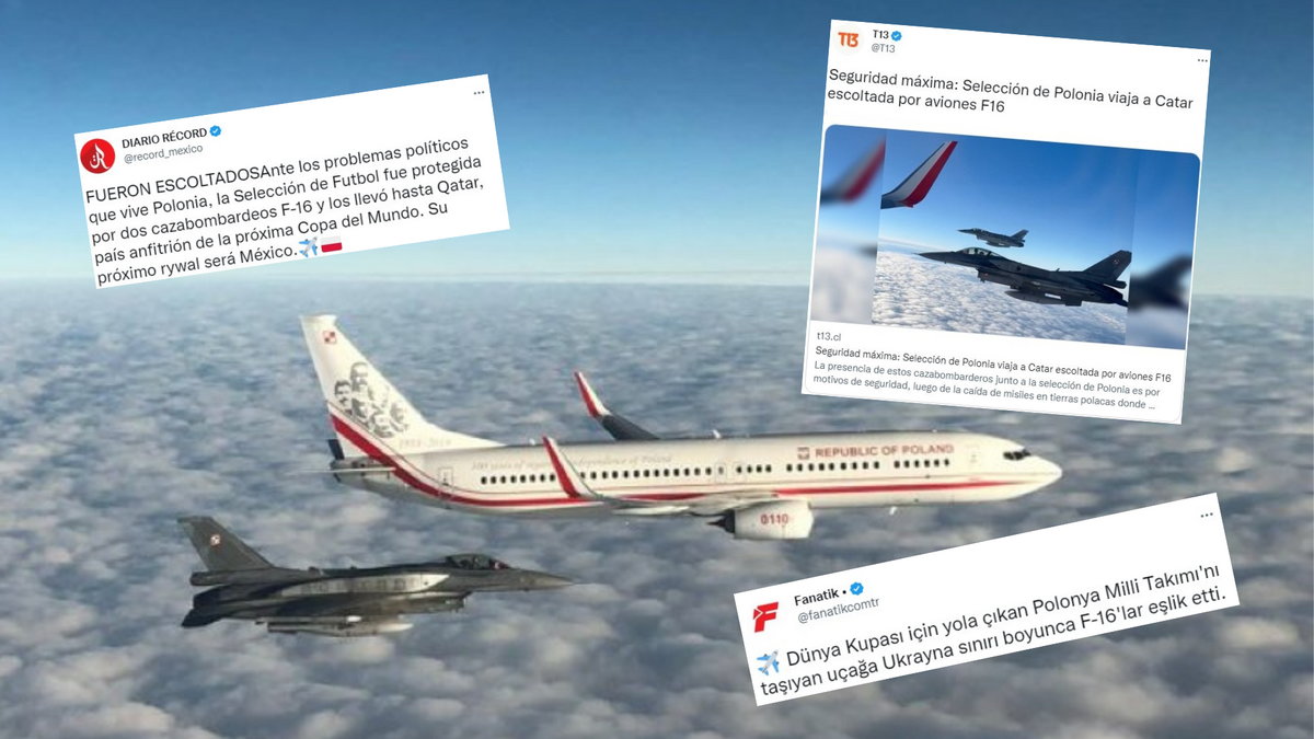 Zagraniczne media piszą o polskiej eskorcie F-16 (screen: mblaszczak/Twitter record_mexico/Twitter, T13/Twitter, fanatikcomtr/Twitter)