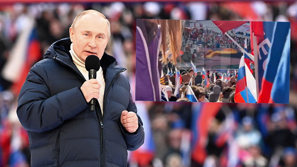 Władimir Putin podczas prowojennego wiecu na stadionie Łużniki (Twitter/ Max seddon)
