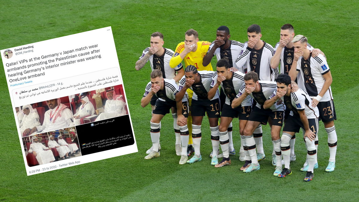 Niemcy zasłonili sobie usta przed meczem, szejkowie na trybunach założyli opaski (screen: Twitter/@DM_Harding)