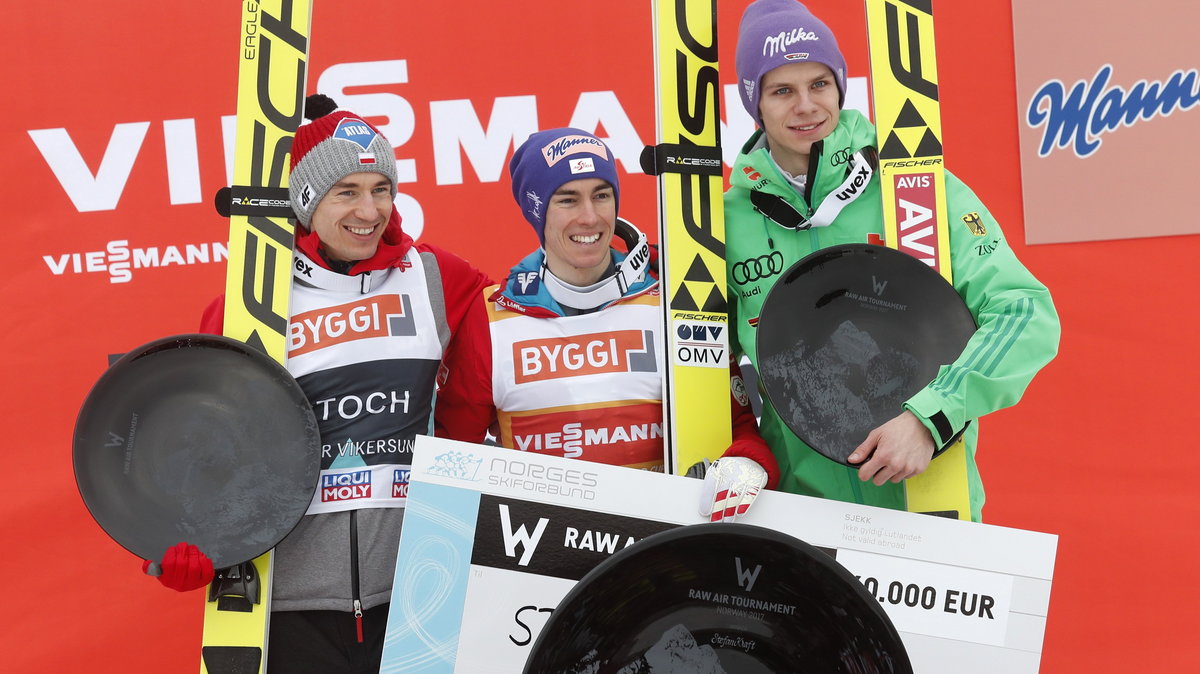 Od lewej: Kamil Stoch, Stefan Kraft i Andreas Wellinger - najlepsi zawodnicy RawAir