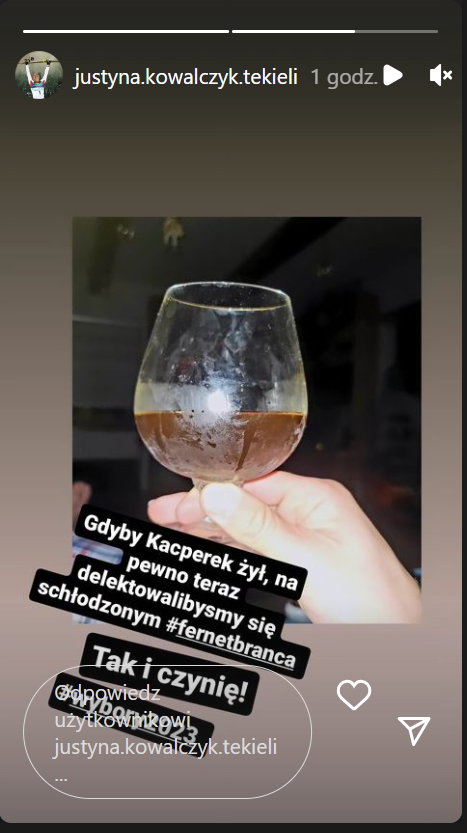 Wpis Justyny Kowalczyk-Tekieli na Instastories