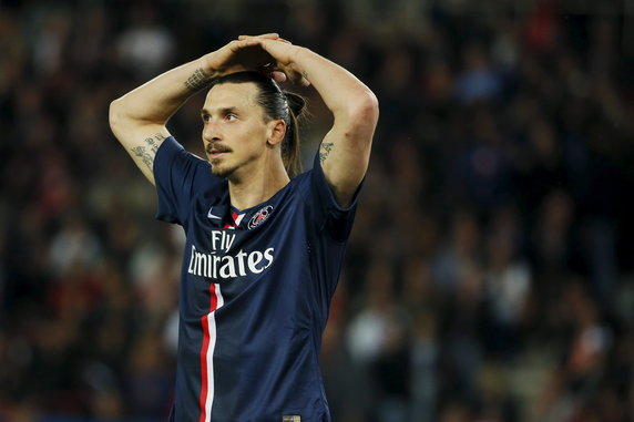 Paris St Germain's Ibrahimovic reacts during their French Ligue 1 soccer match against En Avant Guingamp at Parc des Princes stadium in Paris