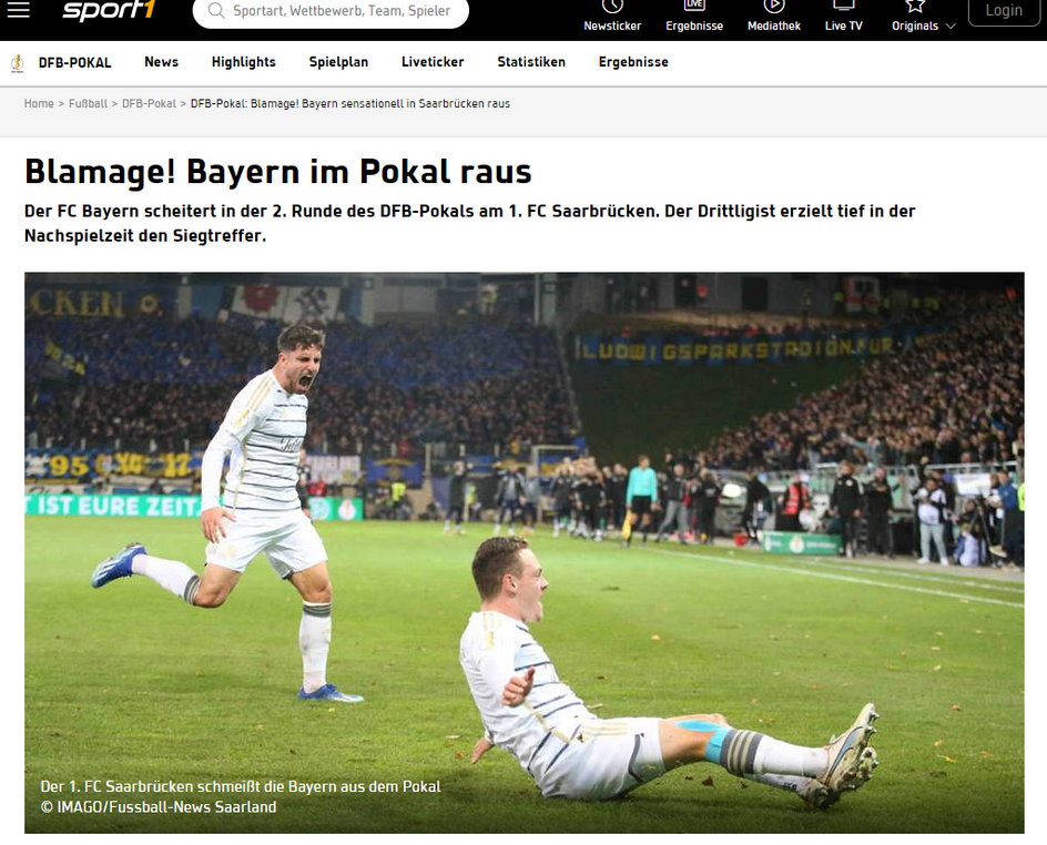 "Hańba" - tak porażkę Bayernu z trzecioligowcem ocenia serwis Sport1.de