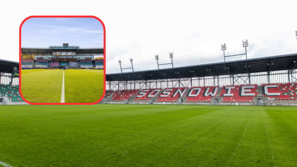 Nowy stadion Zagłębia Sosnowiec, w ramce: stary obiekt