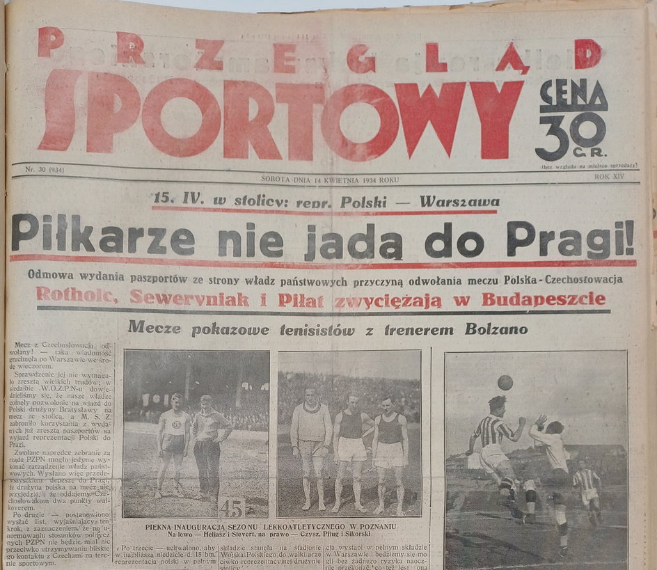 "Przegląd Sportowy" informujący, że reprezentacja Polski nie pojedzie na mecz z Czechosłowacją