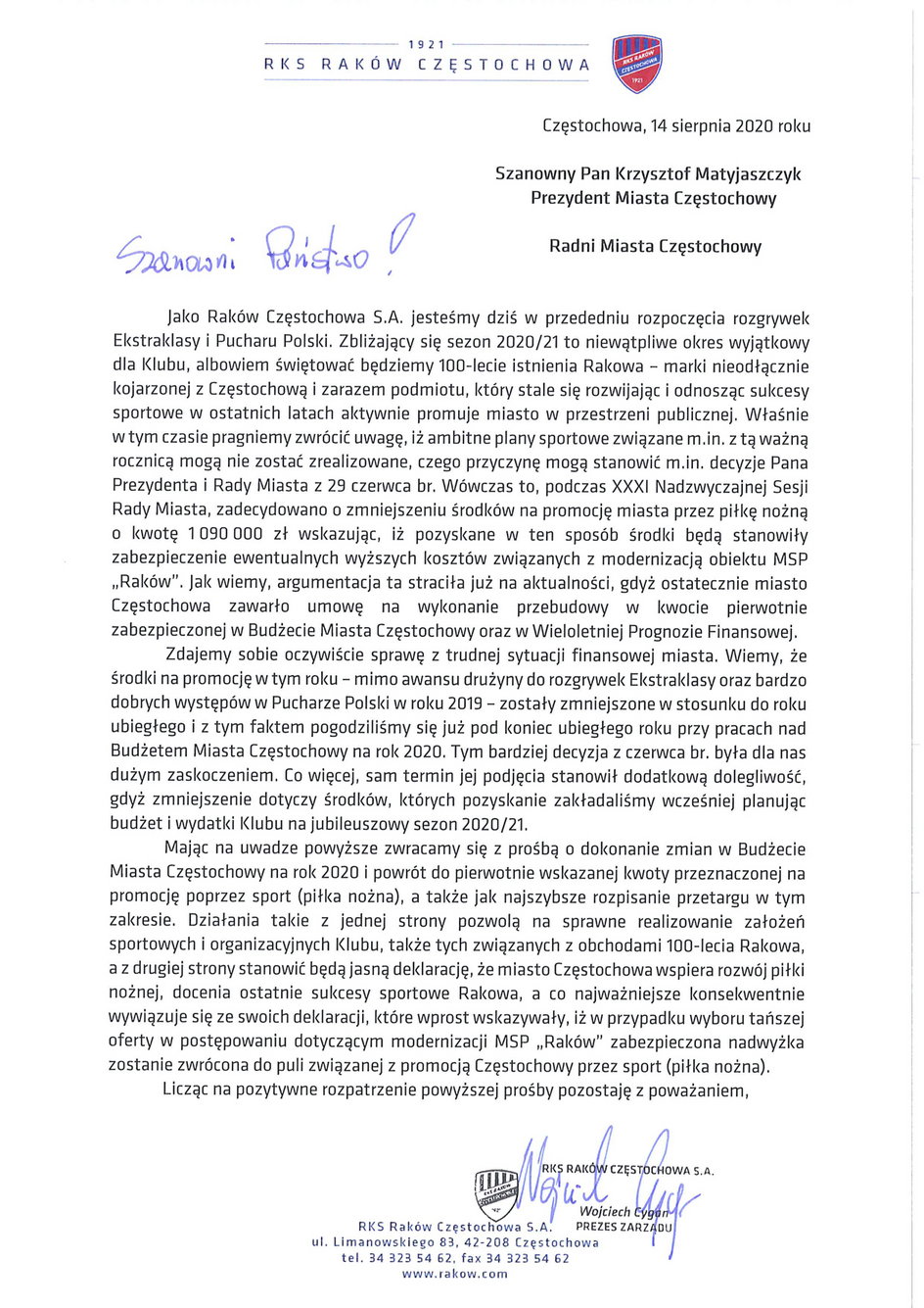 Treść listu prezes Rakowa Częstochowa Wojciecha Cygana do prezydenta Częstochowy Krzysztofa Matyjaszczyka