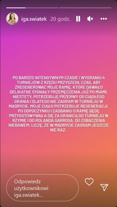 Wpis Igi Świątek na Instastories