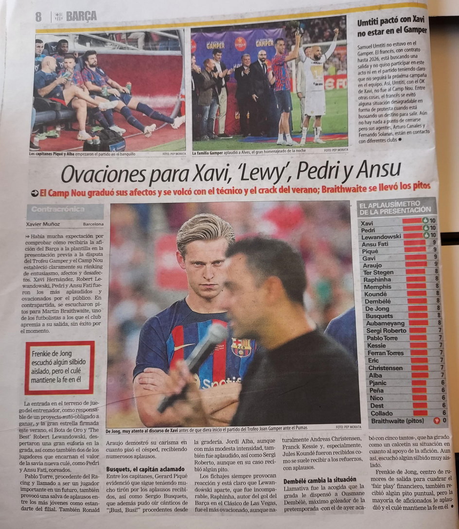 Mundo Deportivo po meczu FC Barcelona - Pumas UNAM. Po prawej stronie okienko z notami za owacje pod adresem piłkarzy Lewandowski z dziesiątką