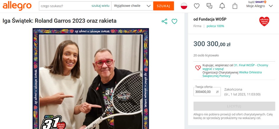 Pakiet Igi Świątek wylicytowana za ponad 300 tys