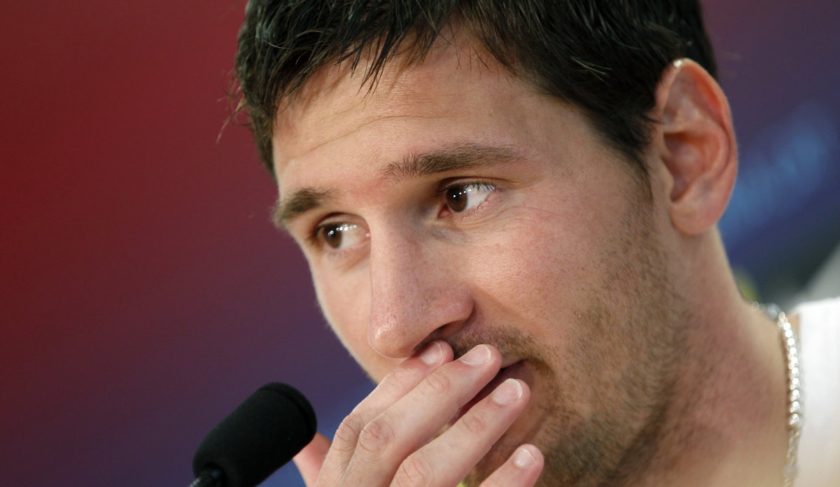 FC Barcelona's player Lionel Messi attends a news conference at Joan Gamper training Camp