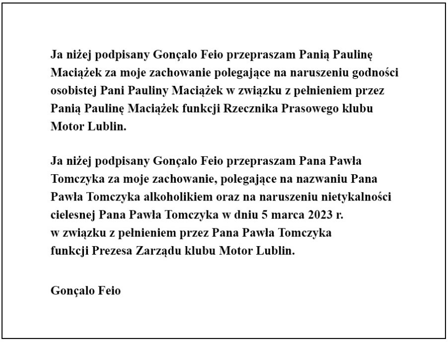 Przeprosiny Goncalo Feio opublikowane na stronie Motoru Lublin