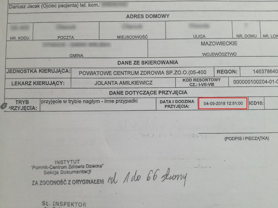 Tata Mateusza zadzwonił po karetkę ok. godziny 6:00. Do Centrum Zdrowia Dziecka chłopak został przyjęty o 12:51. Na specjalistyczną pomoc czekał więc prawie siedem godzin. 