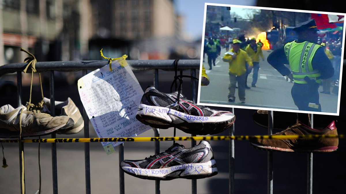 Buty upamiętniające ofiary zamachu w Bostonie i moment eksplozji (Zdjęcie: Boston Globe)