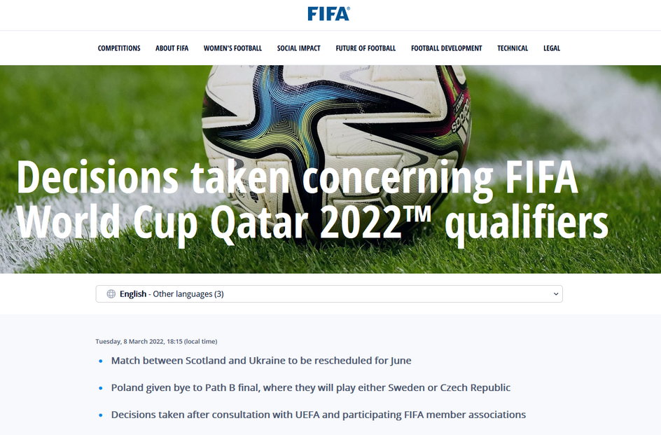 FIFA poinformowała na swojej stronie internetowej o skierowaniu Polaków do finału baraży przeciwko Szwecji lub Czechom