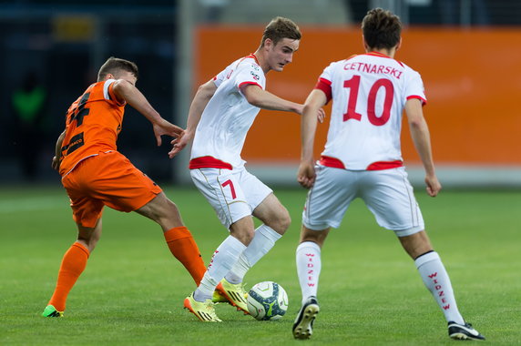 PIŁKARSKA EKSTRAKLASA ZAGŁĘBIE LUBIN WIDZEW ŁÓDŹ ( Milosz Przybecki Patryk Stępiński Mateusz Cetnarski )