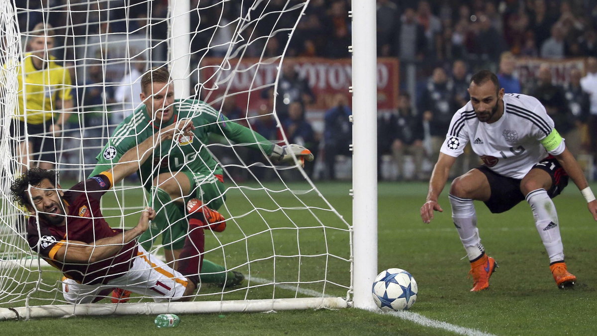 Leverkusen's Toprak commits a foul to AS Roma's Salah during their Champions League soccer match in Rome