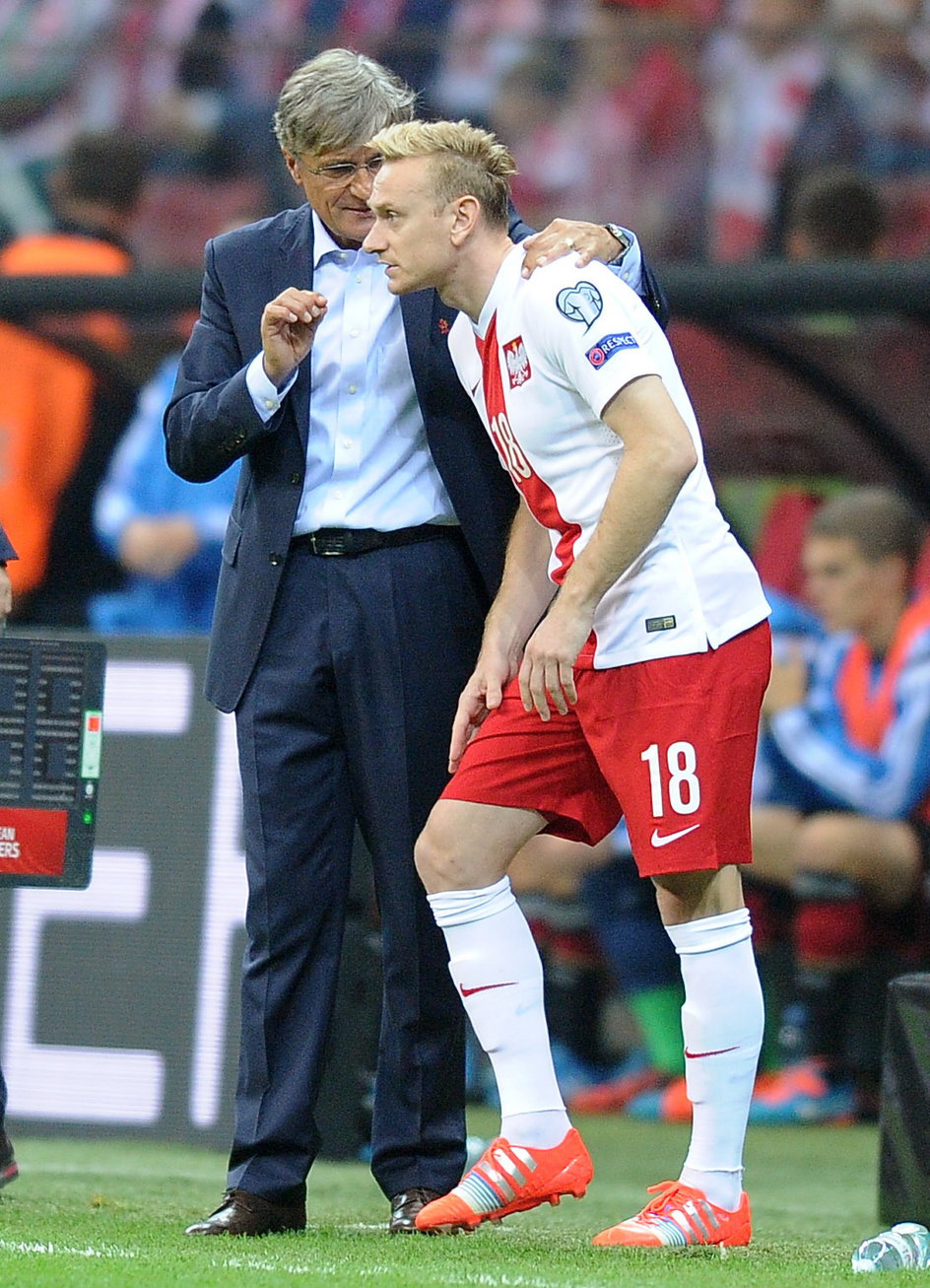 Adam Nawałka i Sebastian Mila podczas meczu Polska - Niemcy (2:0) w 2014 roku
