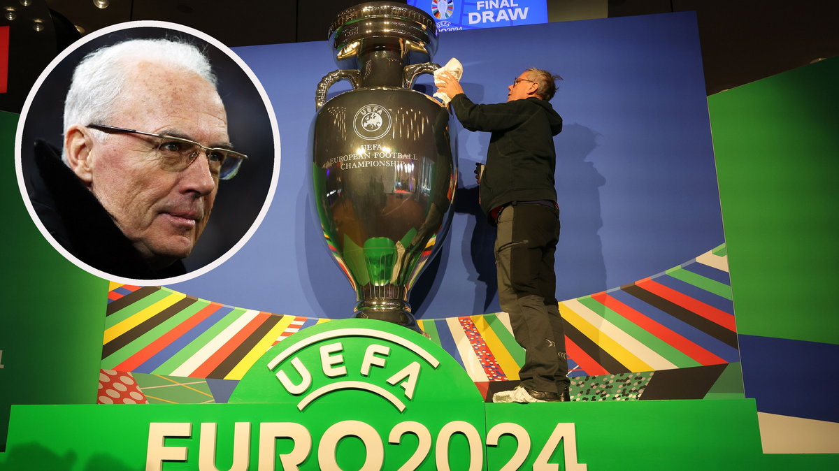 Franz Beckenbauer i trofeum za wygranie Euro 2024