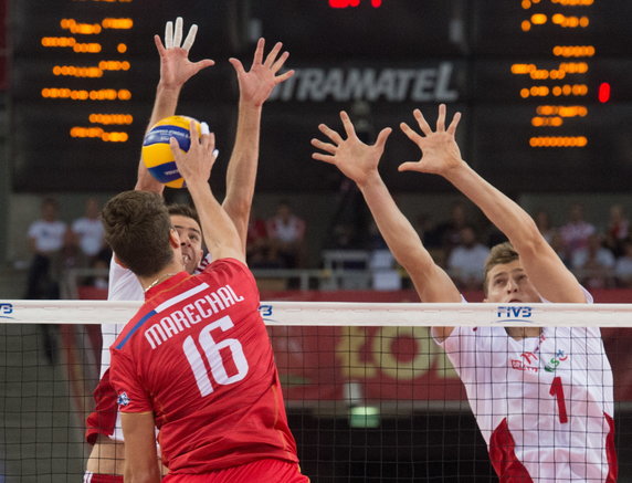 SIATKÓWKA FIVB MISTRZOSTWA ŚWIATA 2014 POLSKA FRANCJA  (Mariusz Wlazły Piotr Nowakowski Nicolas Marechal)