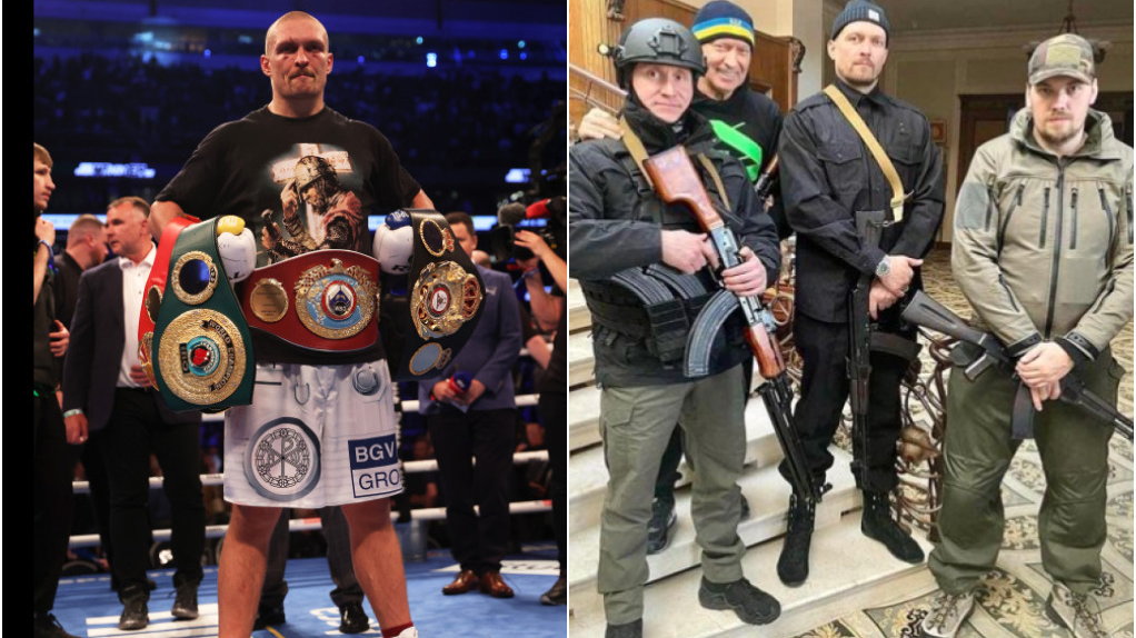 Ołeksandr Usyk z mistrzowskimi pasami po walce z Anthony'm Joshuą i w czasie wojny w Ukrainie (w środku)