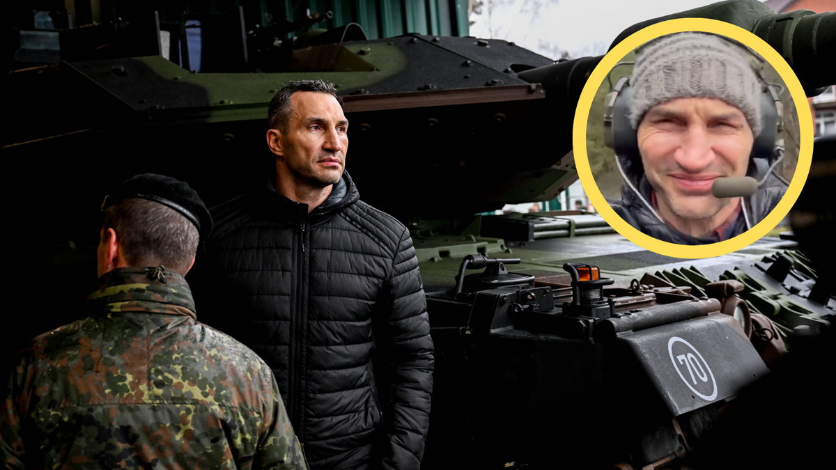 Władimir Kliczko na tle czołgu Leopard 2 (w ramce Kliczko w trakcie jazdy)