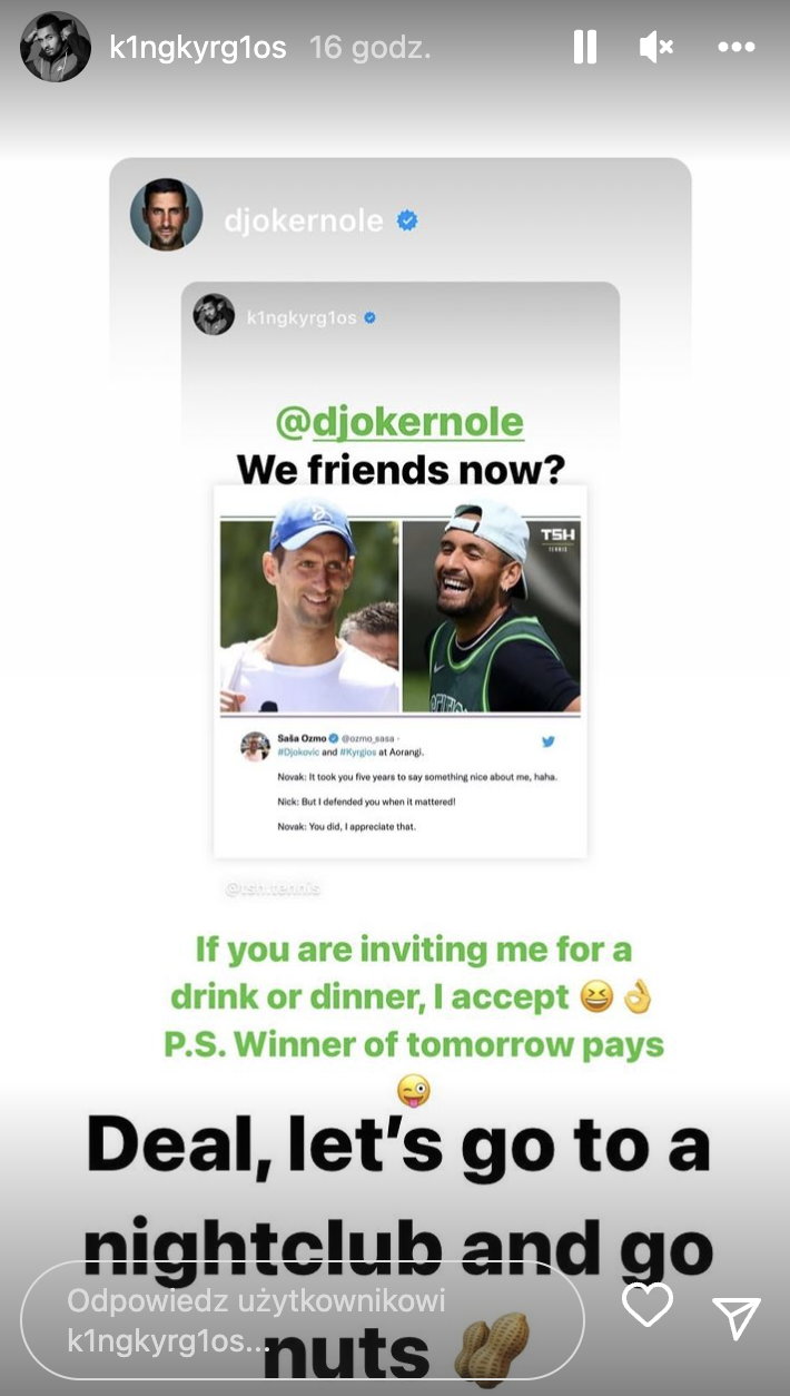 Novak Djoković i Nick Kyrgios wymienili kilka zabawnych zdań na Instagramie