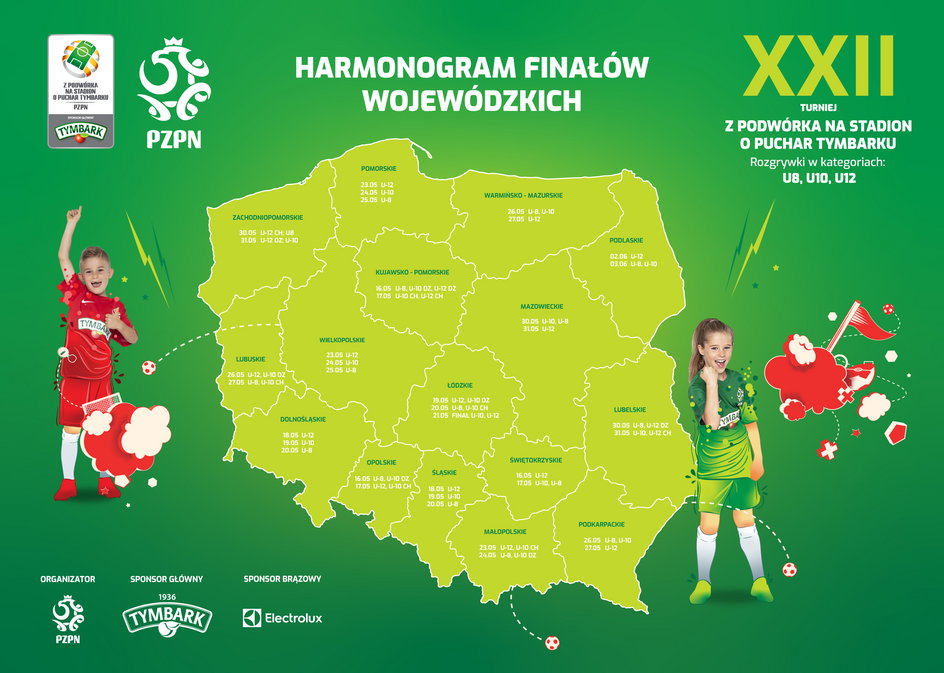 Mapa wojewódzkich finałów turnieju "Z Podwórka na Stadion o Puchar Tymbarku"