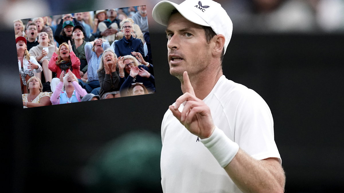 Andy Murray i kibice emocjonujący się meczem przed telebimem