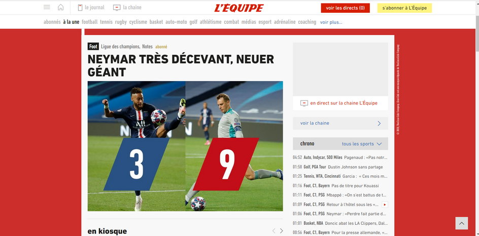 L'Equipe: Bardzo zawiódł Neymar, wielki Neuer