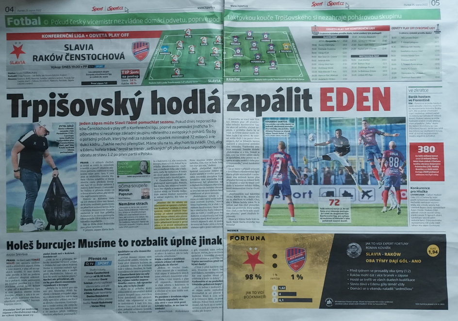 Czeskie media przed meczem Slavii z Rakowem