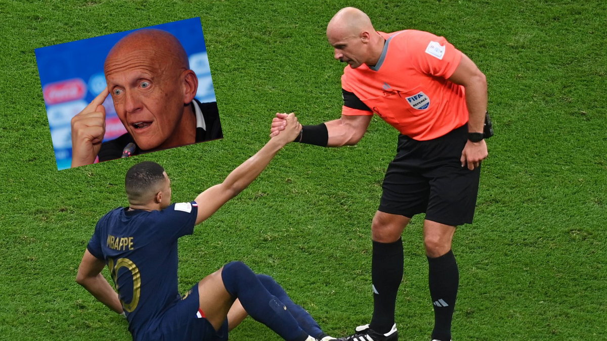 Kylian Mbappe (z lewej) i Szymon Marciniak (z prawej), w małym zdjęciu Pierluigi Collina