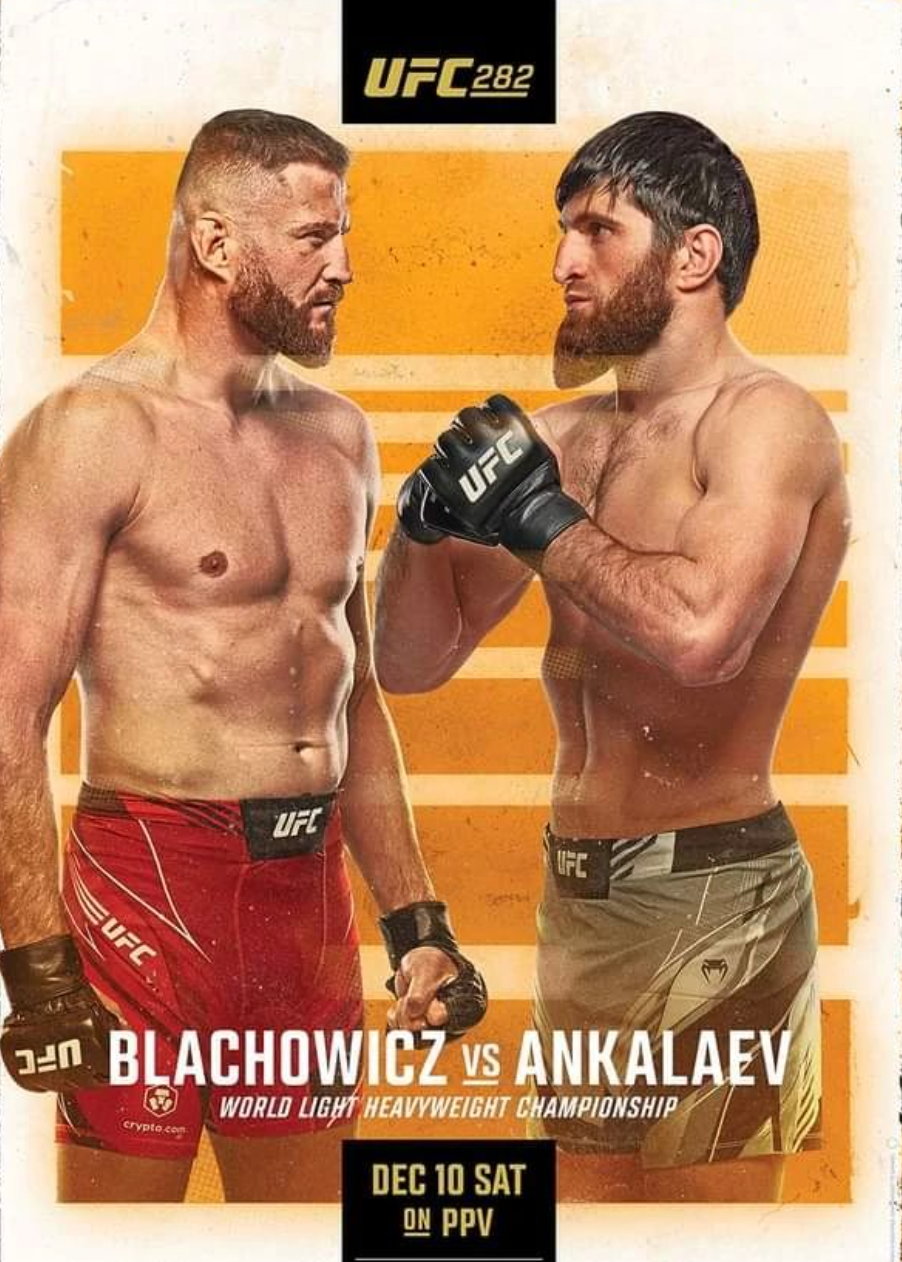 Jan Błachowicz vs. Magomied Ankalajew – plakat zapowiadający walkę wieczoru gali UFC 282 w Las Vegas, której stawką będzie wakujący pas mistrza świata wagi półciężkiej (93 kg)