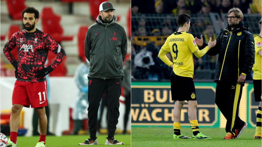 Juergen Klopp z Mohamendem Salahem i Robertem Lewandowskim