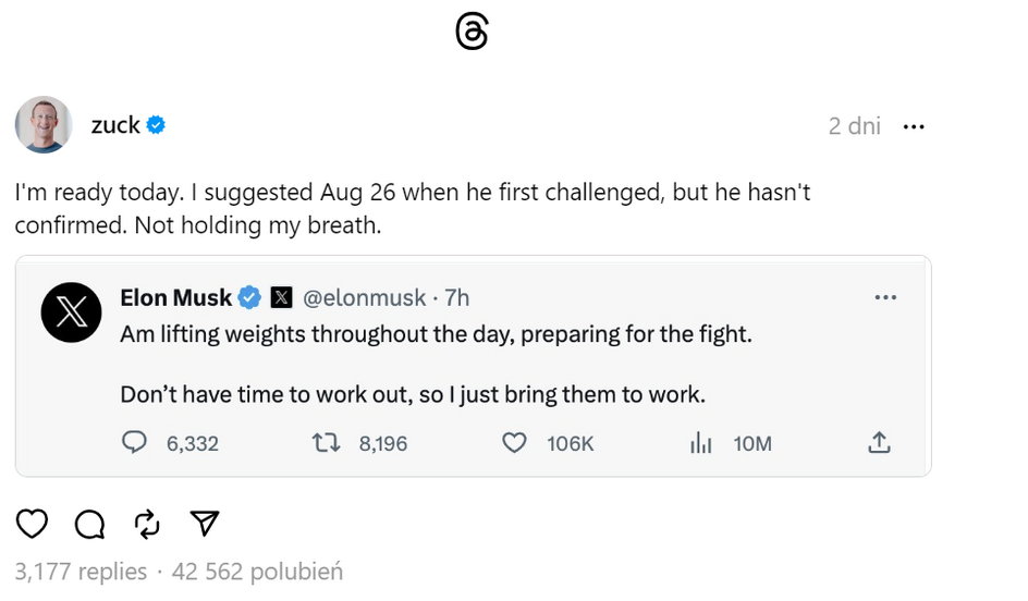 Zuckerberg zaproponował datę walki z Muskiem