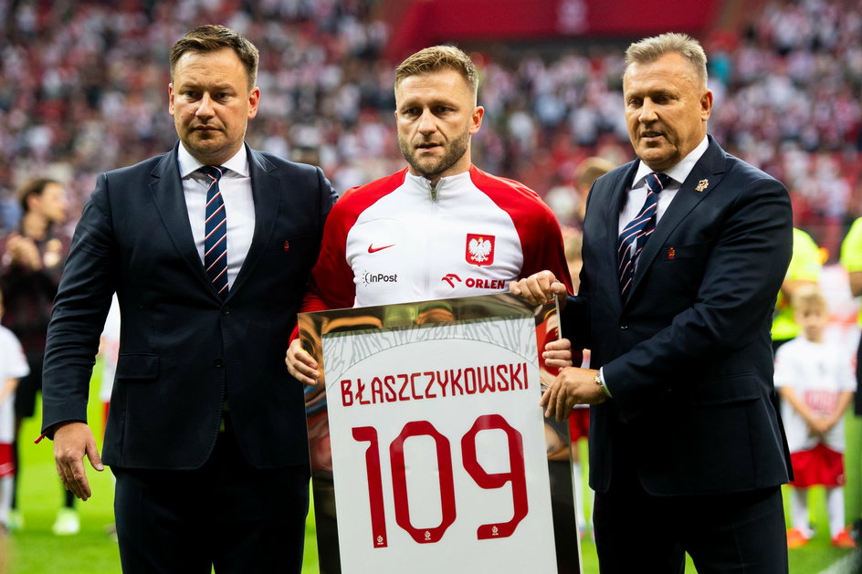 Od lewej: Łukasz Wachowski, Jakub Błaszczykowski, Cezary Kulesza. (16.06.2023 r., Polska - Niemcy).