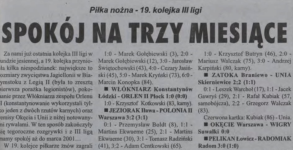 Potwierdzenie dwóch goli Ekwueme przeciwko Polonii II z wydania gazety Nowy Łowiczanin z listopada 2000 r.