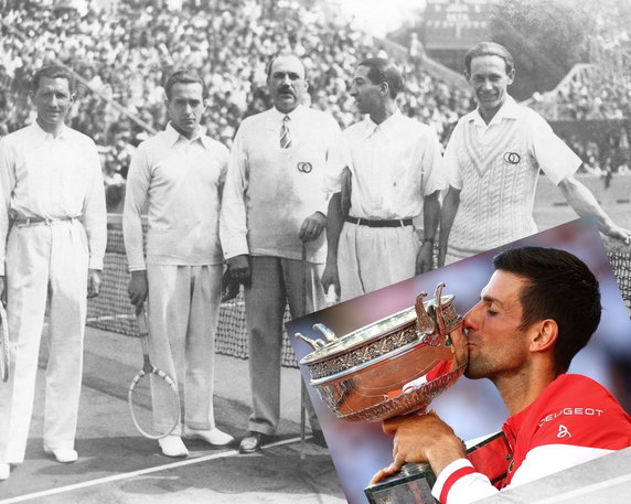 Czterej muszkieterowie i Novak Djoković z trofeum nazwanym na ich cześć