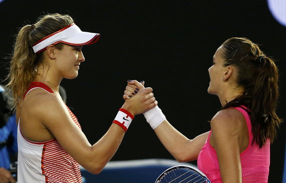 Poland's Radwanska shakes hands with Canada's Bouchard after Radwanska won their second round match against Canada's Eugenie Bouchard at the Australian Open tennis tournament at Melbourne Park