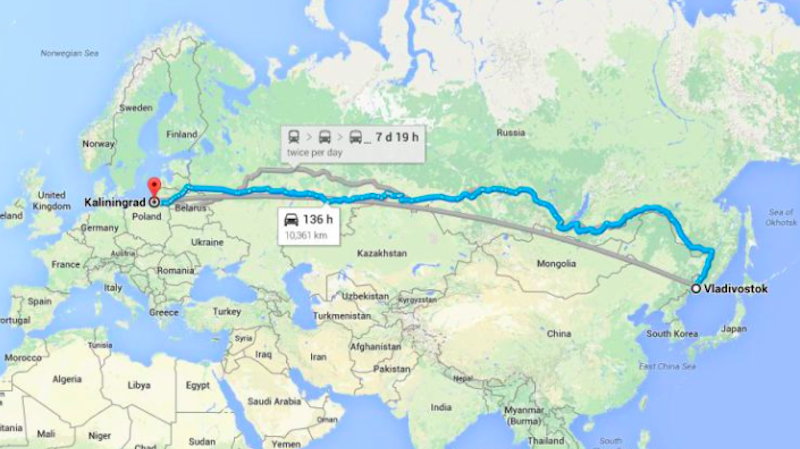 Odległość między Kalingradem a Władywostokiem, fot. Google Maps