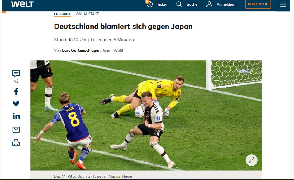 Strona Die Welt po meczu Niemiec z Japonią. 