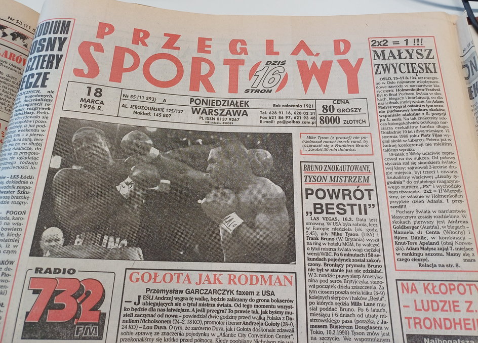 "Przegląd Sportowy" z 18 marca 1996 roku, dzień po pierwszej wygranej Adama Małysza w PŚ