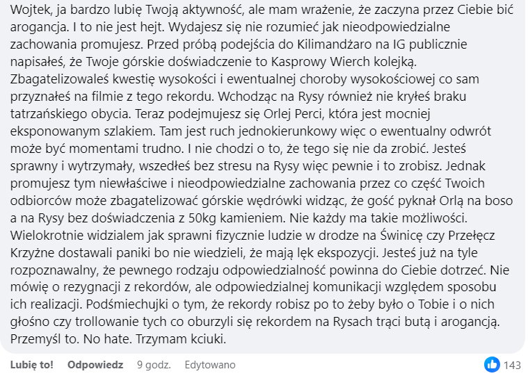 Wpis jednego z fanów Wojciecha Sobierajskiego pod jego postem na Facebooku