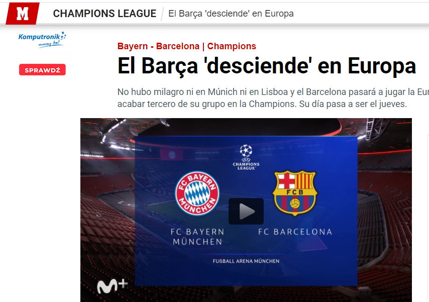 "Marca" ocenia porażkę Barcelony w Monachium