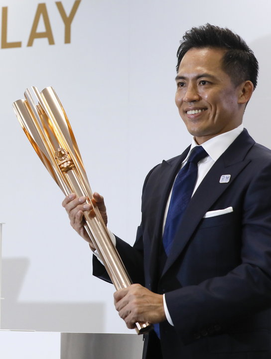 epa07449784 - JAPAN OLYMPICS TOKYO TORCH (Tokyo 2020 Olympic Torch and emblem unveiled during press event in Tokyo)