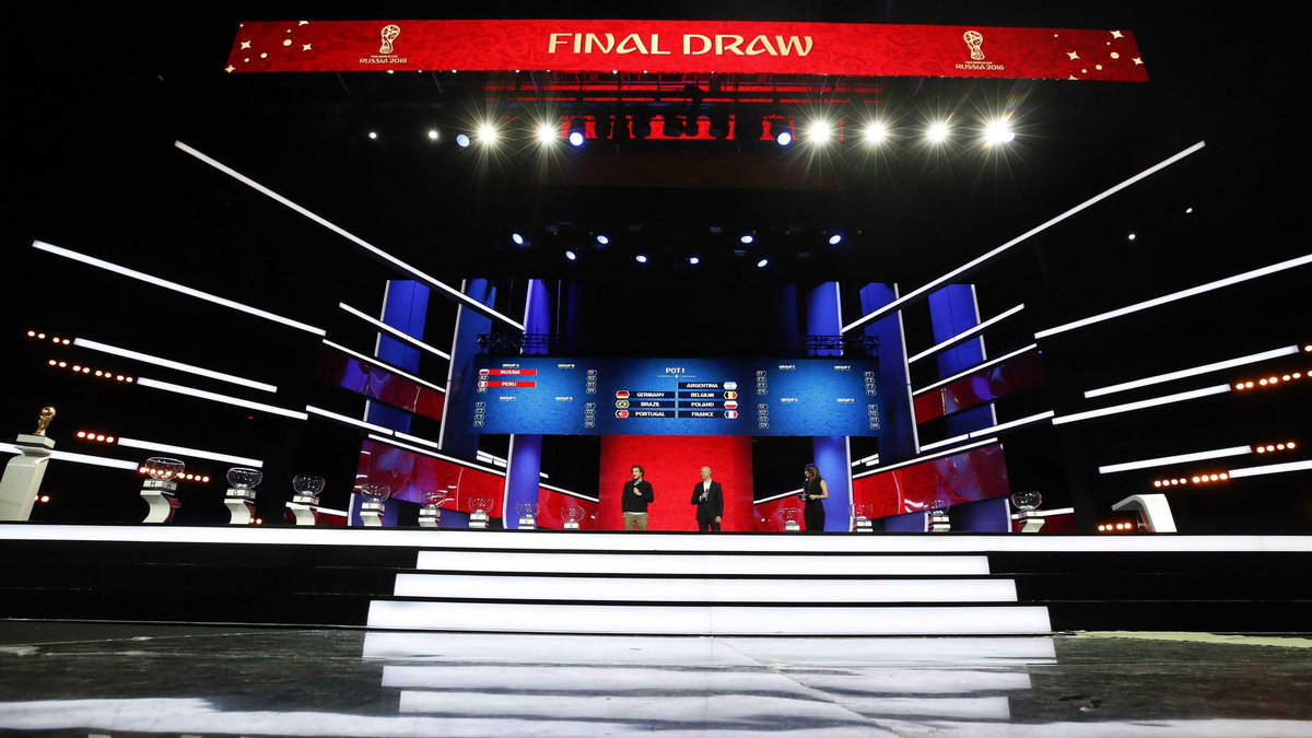 Participants gather on the stage during the "Behind the scenes of the Final Draw" event prior to the upcoming Final Draw of the 2018 FIFA World Cup Russia in Moscow