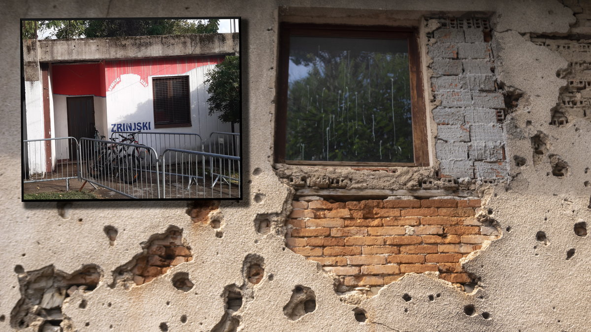 Zniszczony po wojnie budynek w Mostarze i nieokazały klubowy budynek Zrinjskiego