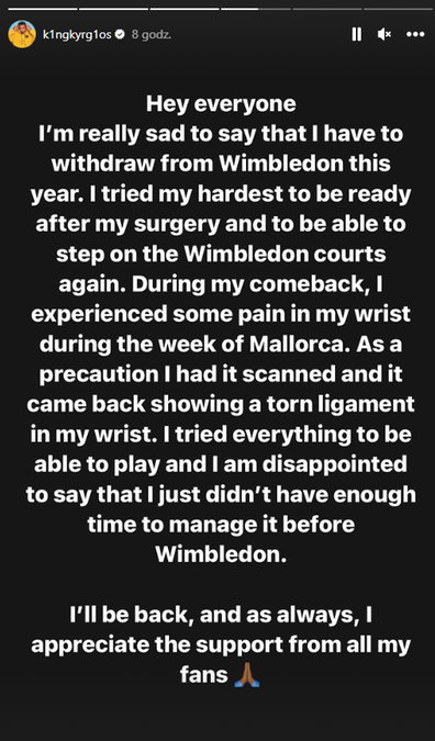 Nick Kyrgios wycofał się z Wimbledonu