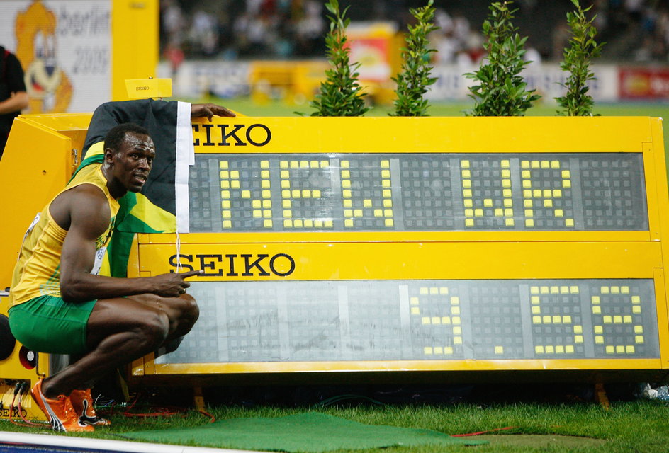 Usain Bolt with the legendary 100m world record