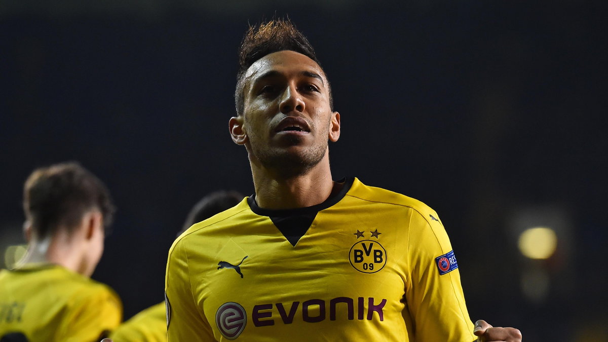 Borussia Dortmund's Gabonese striker Pierre-Emerick Aubameyang celebrates after scoring their second goal during the UEFA Europa League round of 16, second leg football match between Tottenham Hotspur and Borussia Dortmund at White Hart Lane in London on 