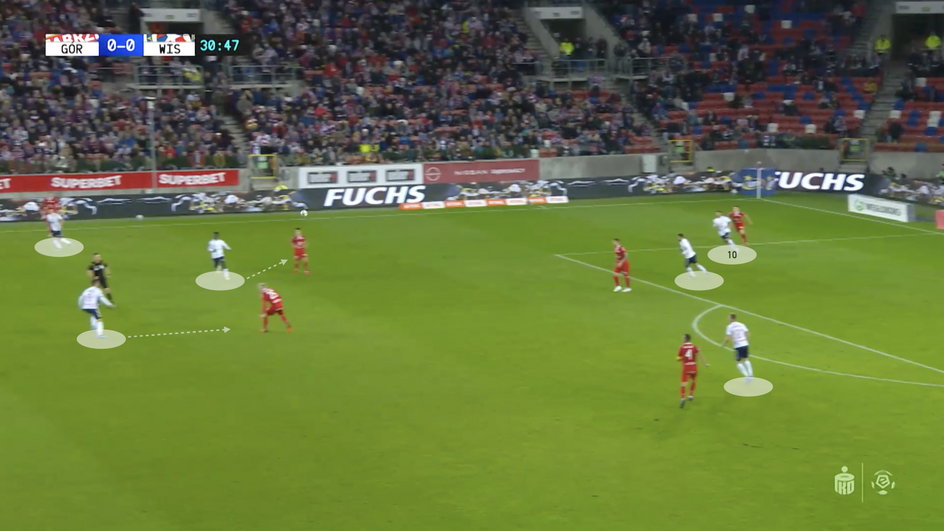 Lukas Podolski atakuje przeciwnika, a jego partnerzy odcinają opcje rozegrania.